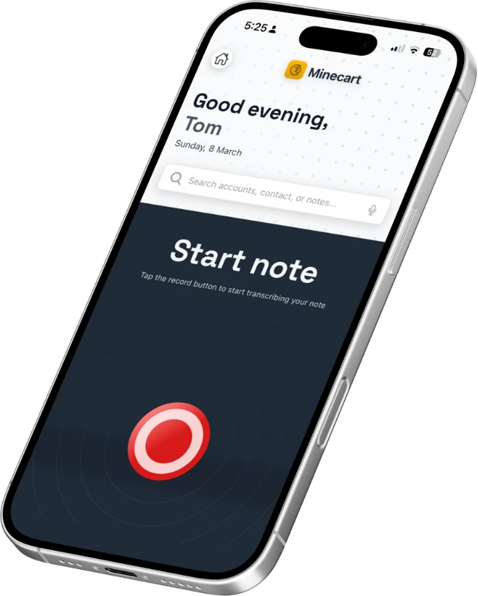 The Minecart home screen, with a single tap-to-record button to capture a note