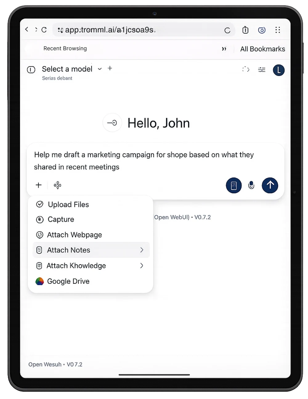 SecureAI Chat on a tablet, attaching captured notes and knowledge into a prompt